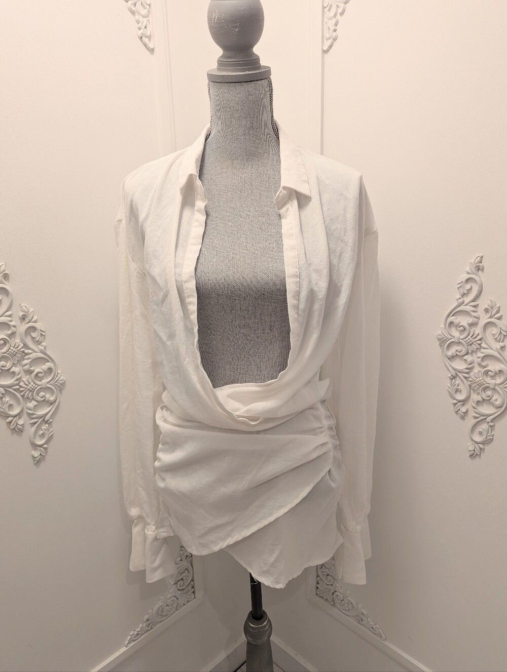 White Draped Long-Sleeve Women's Cover Up